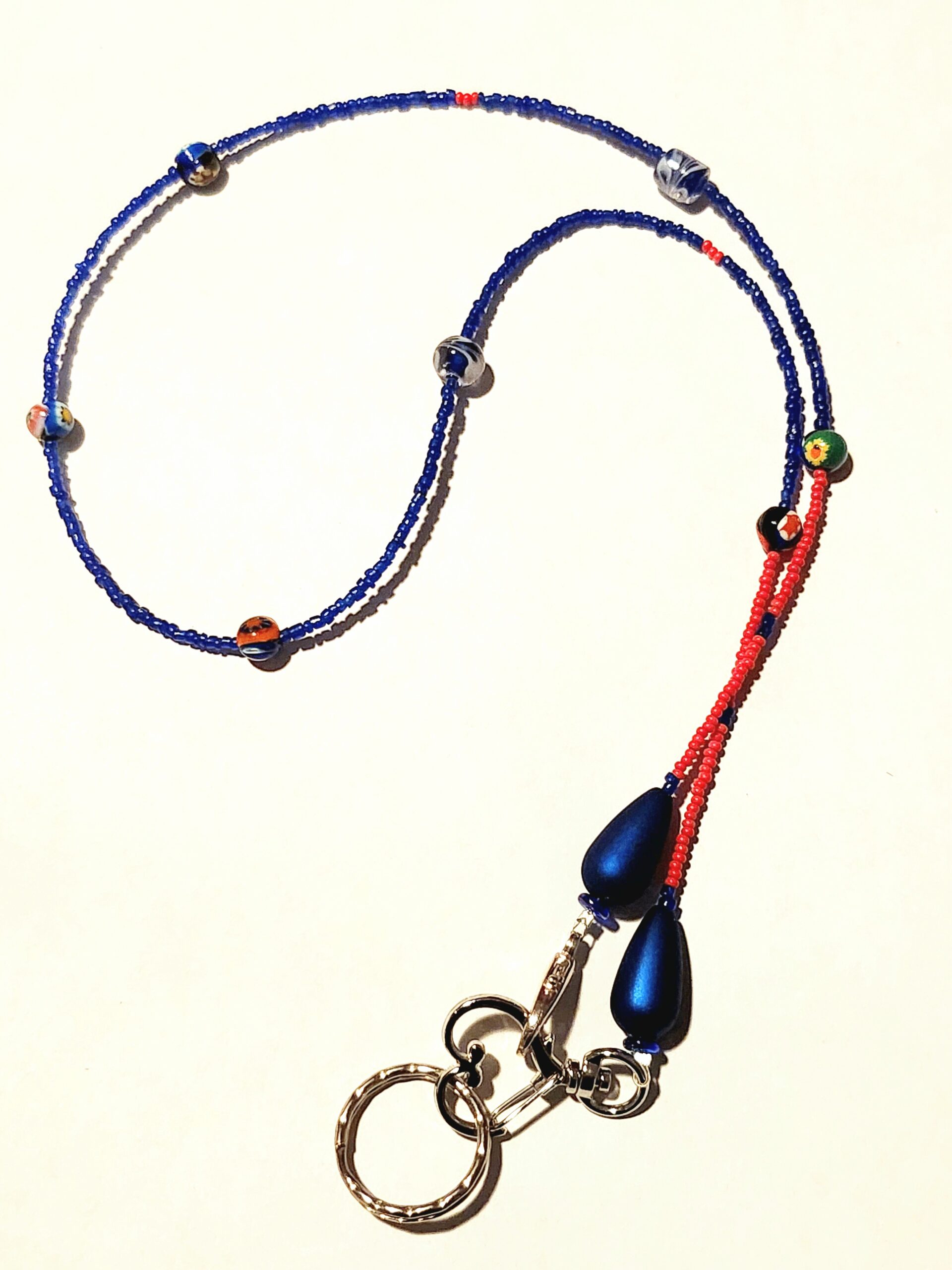 Glass seed beads, millefiori beads 4.5mm, metallic blue crystal teardrops 30"